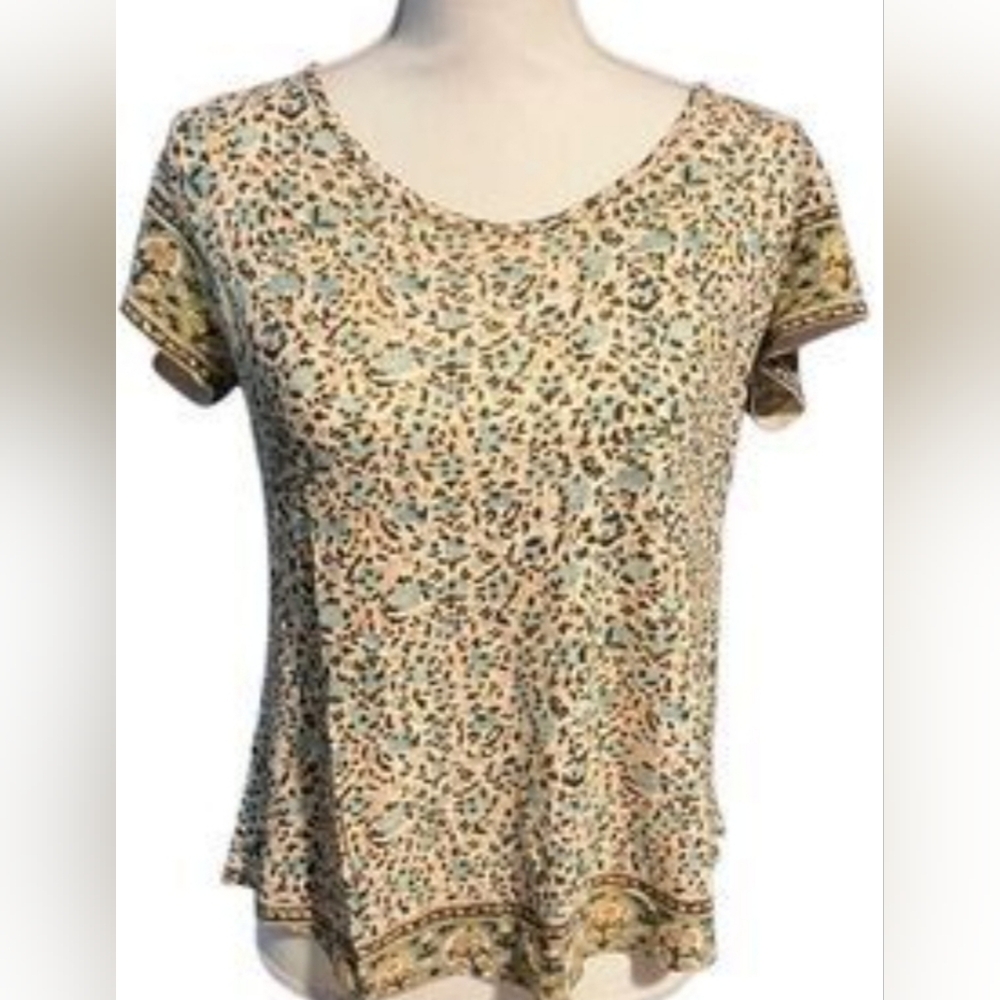Lucky Brand Boho Cotton Blend Multicolor Patterned Short Sleeve Top